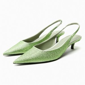 NWT Zara Green Crystal Slingback Kitten Heels Bedazzled Flats Rhinestone Sandals